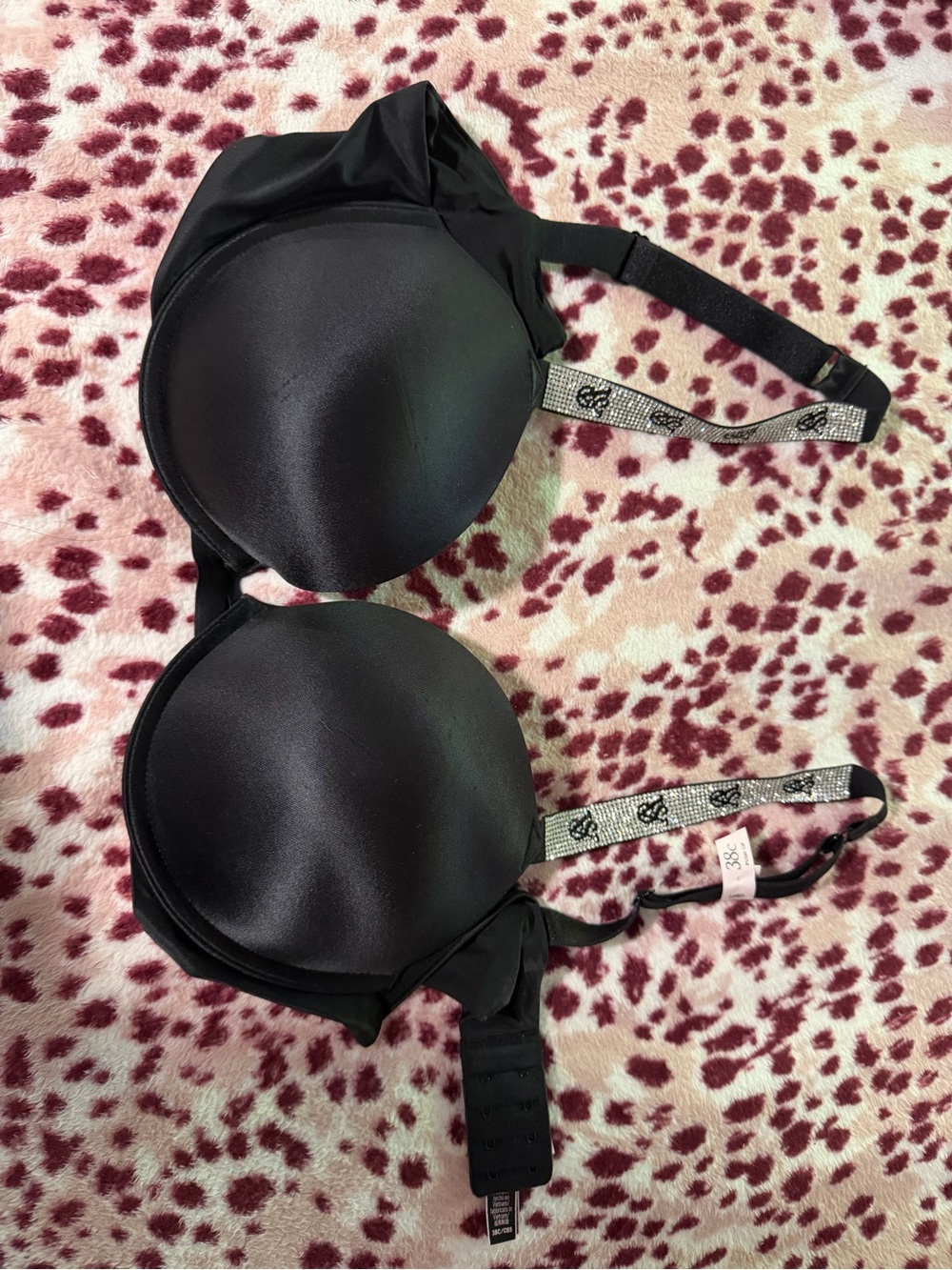 Victoria's Secret Black Satin T-Shirt push up Bra with Logo-Trim Straps